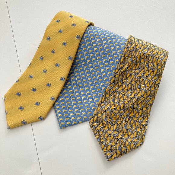 Lot of 3 Yellow & Blue 100% Silk Nautical Themed Ties Preppy Crab Dolphin Vines - Picture 1 of 15